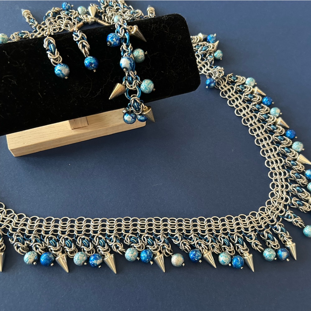 Blue Beaded Chainmaille Hip Chain and Bracelet Set